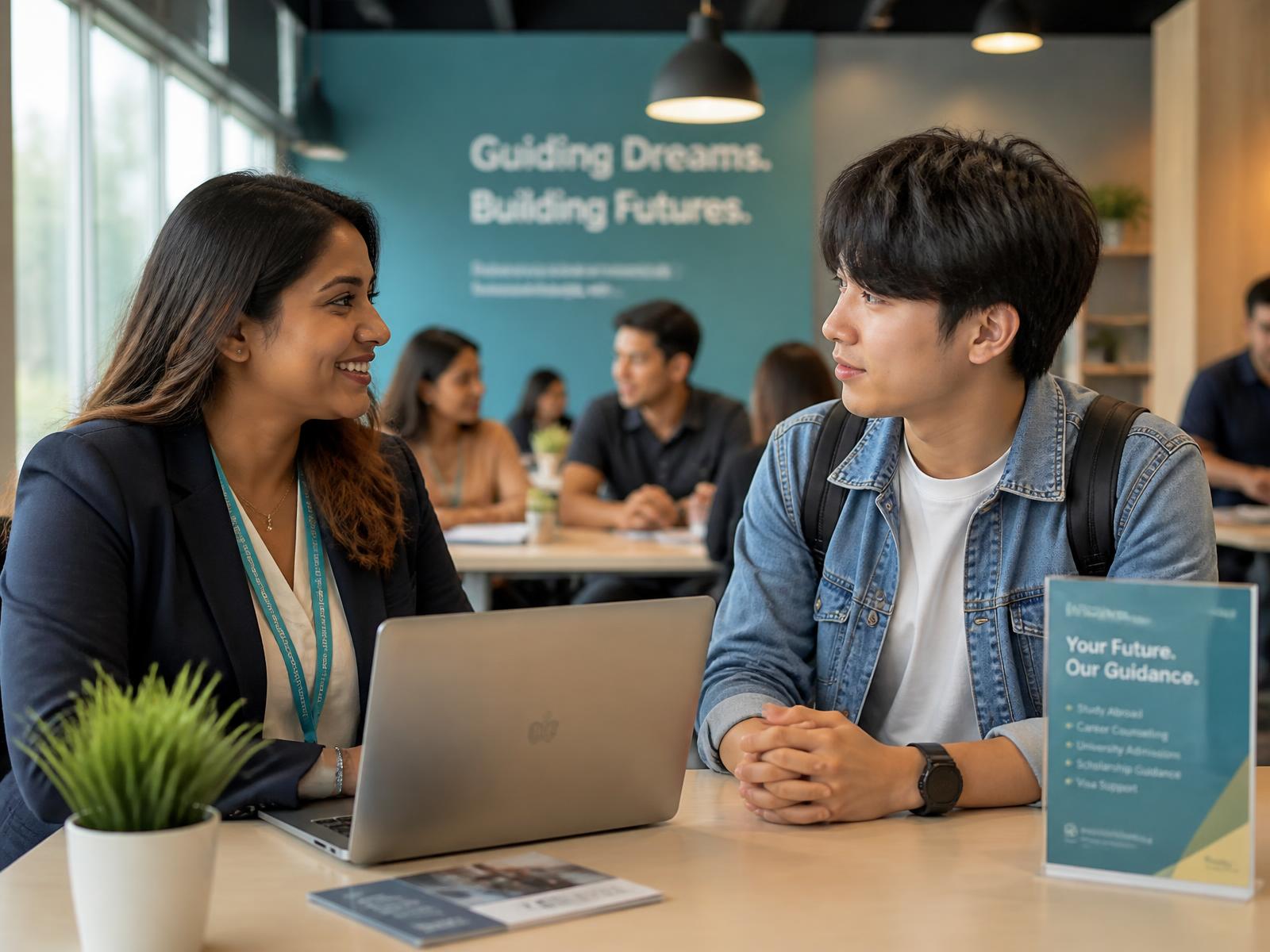 An education consultant advising a prospective international student during a one-to-one consultation
