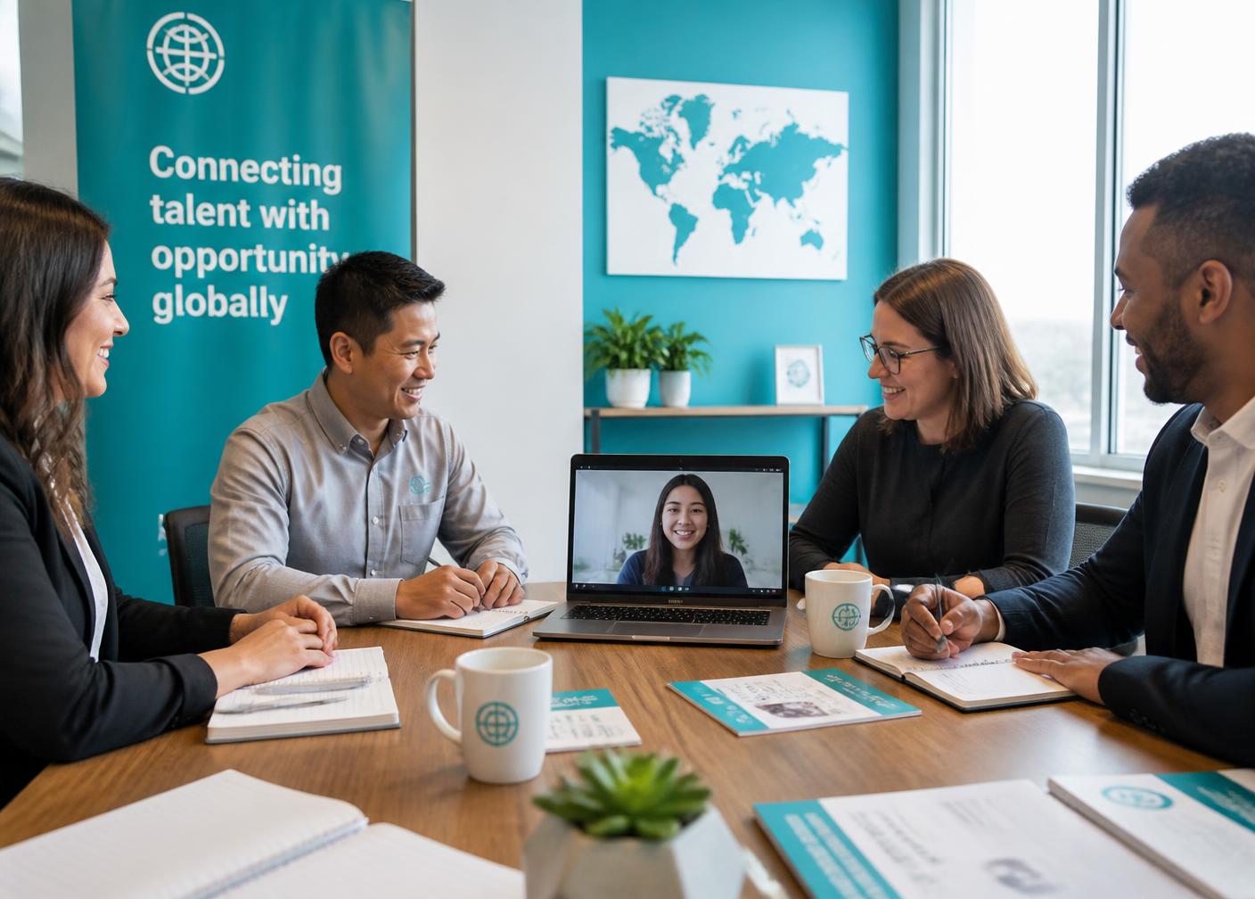 A diverse team of education professionals holding an online consultation with a prospective student